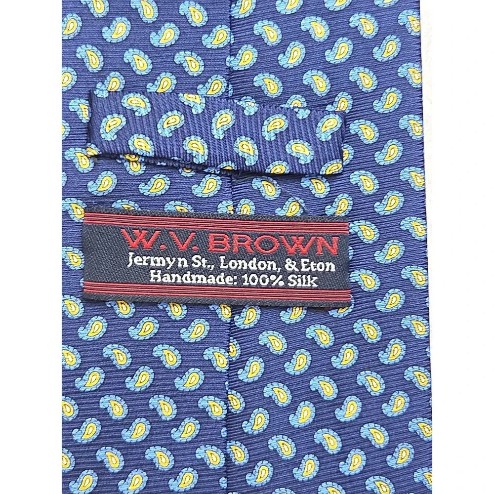 W.V. BROWN Jermyn St. London Handmade Paisley 100% Silk Tie‎ Blue Yellow